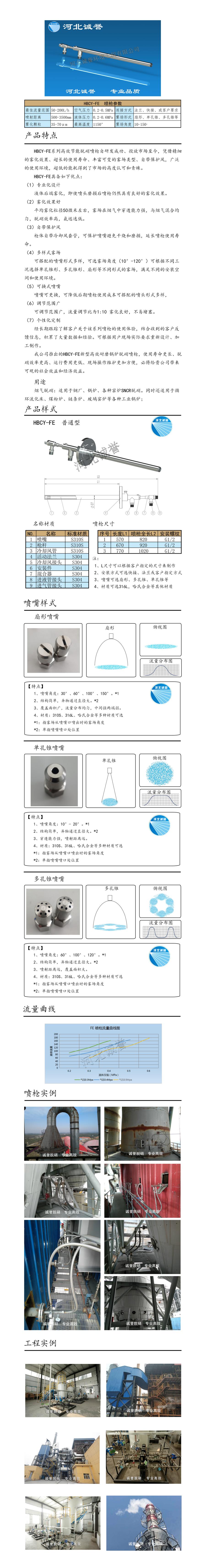 氨水噴槍、保護(hù)套、噴槍參數(shù)、材質(zhì)尺寸、流量分布圖、扇形空心錐俯視圖介紹，以及噴槍霧化視頻展示和工程案例介紹