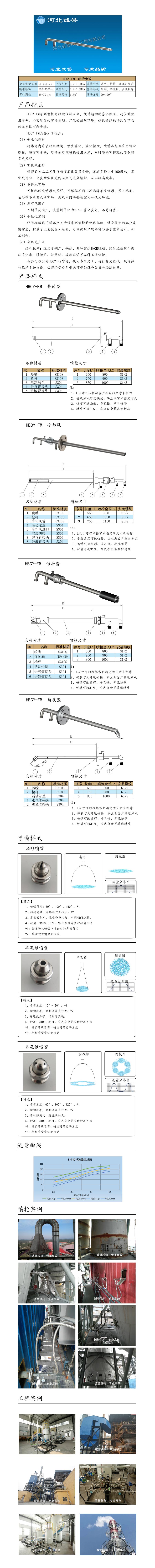 氨水噴槍、保護(hù)套、噴槍參數(shù)、材質(zhì)尺寸、流量分布圖、扇形空心錐俯視圖介紹，以及噴槍霧化視頻展示和工程案例介紹